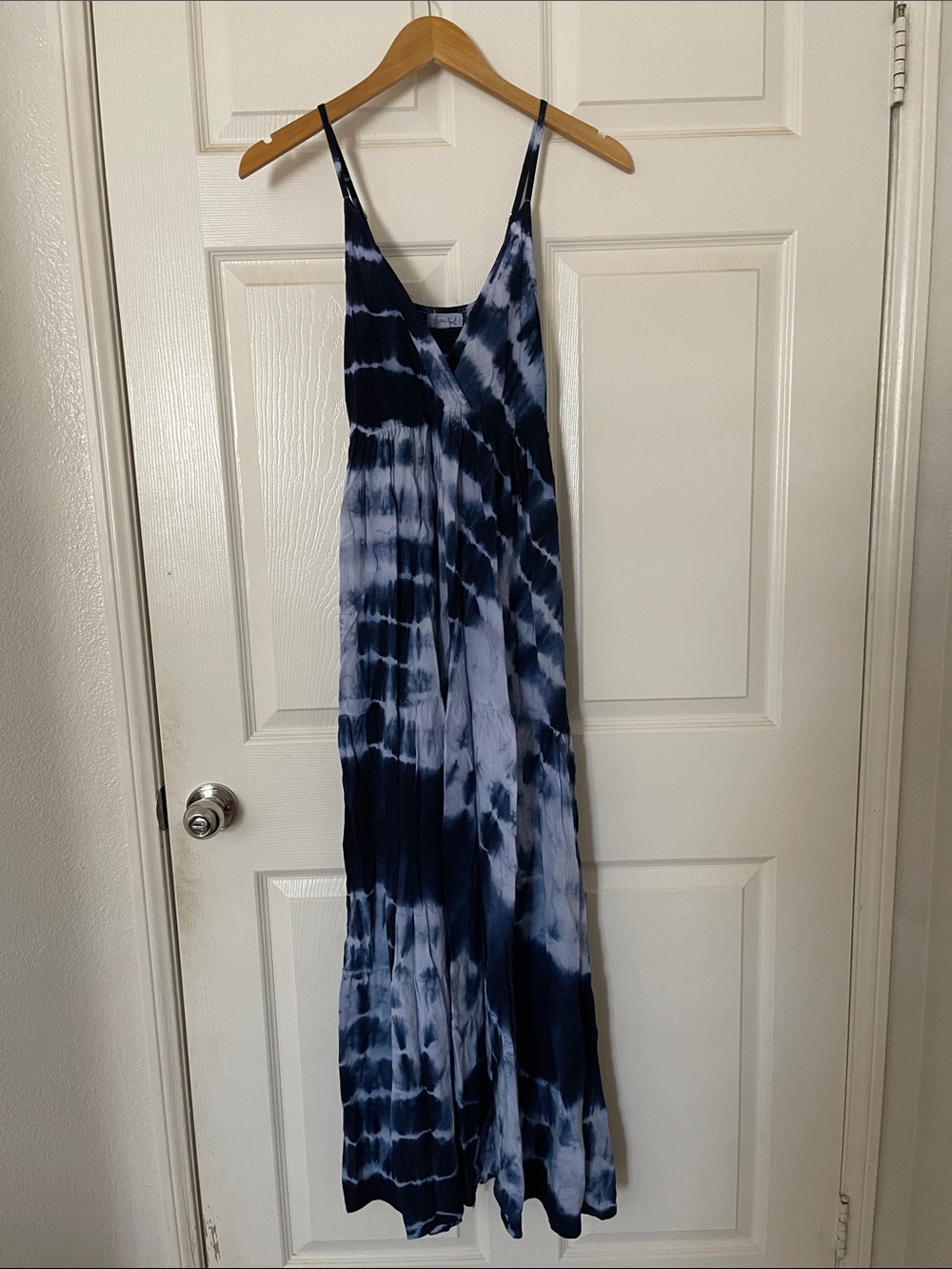 Navy blue tie dye tier maxi boho beach vacation dress M